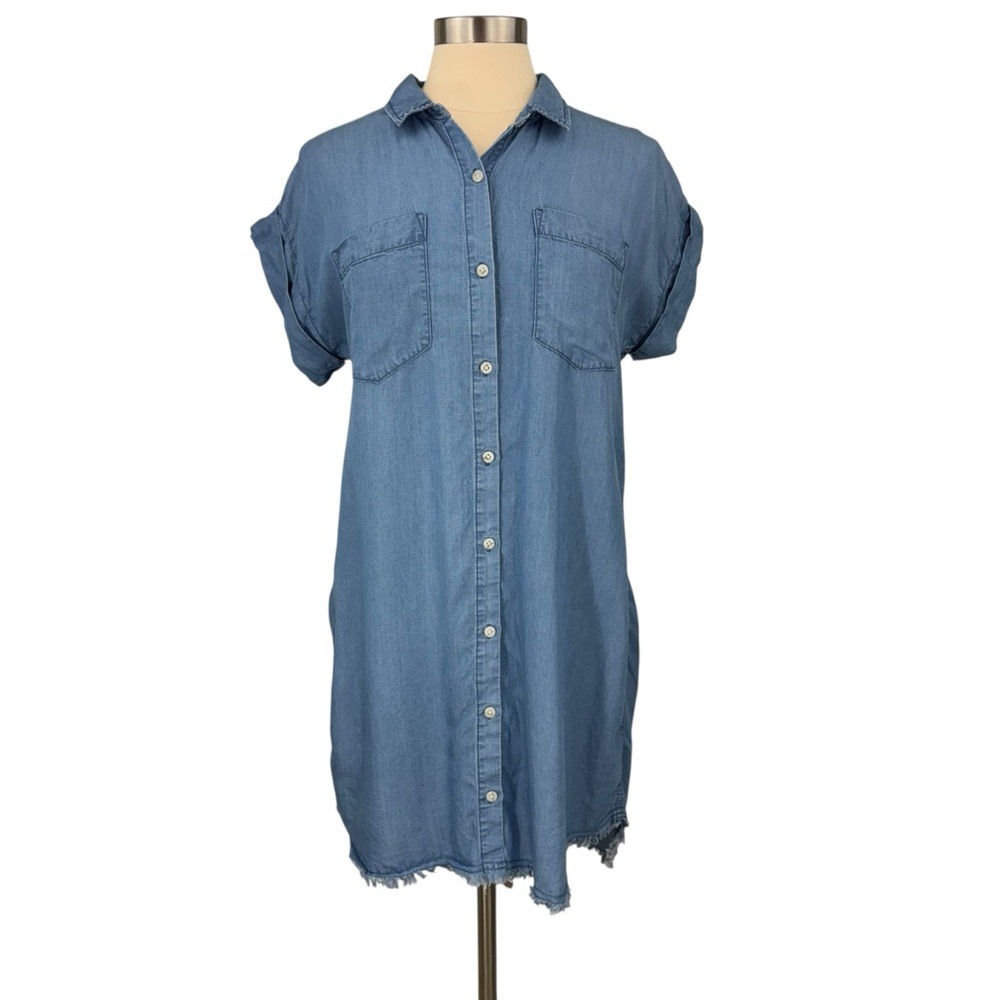 Thread + Supply Blue Chambray Denim Cuff Sleeve Raw Hem Button Down Shirt Dress